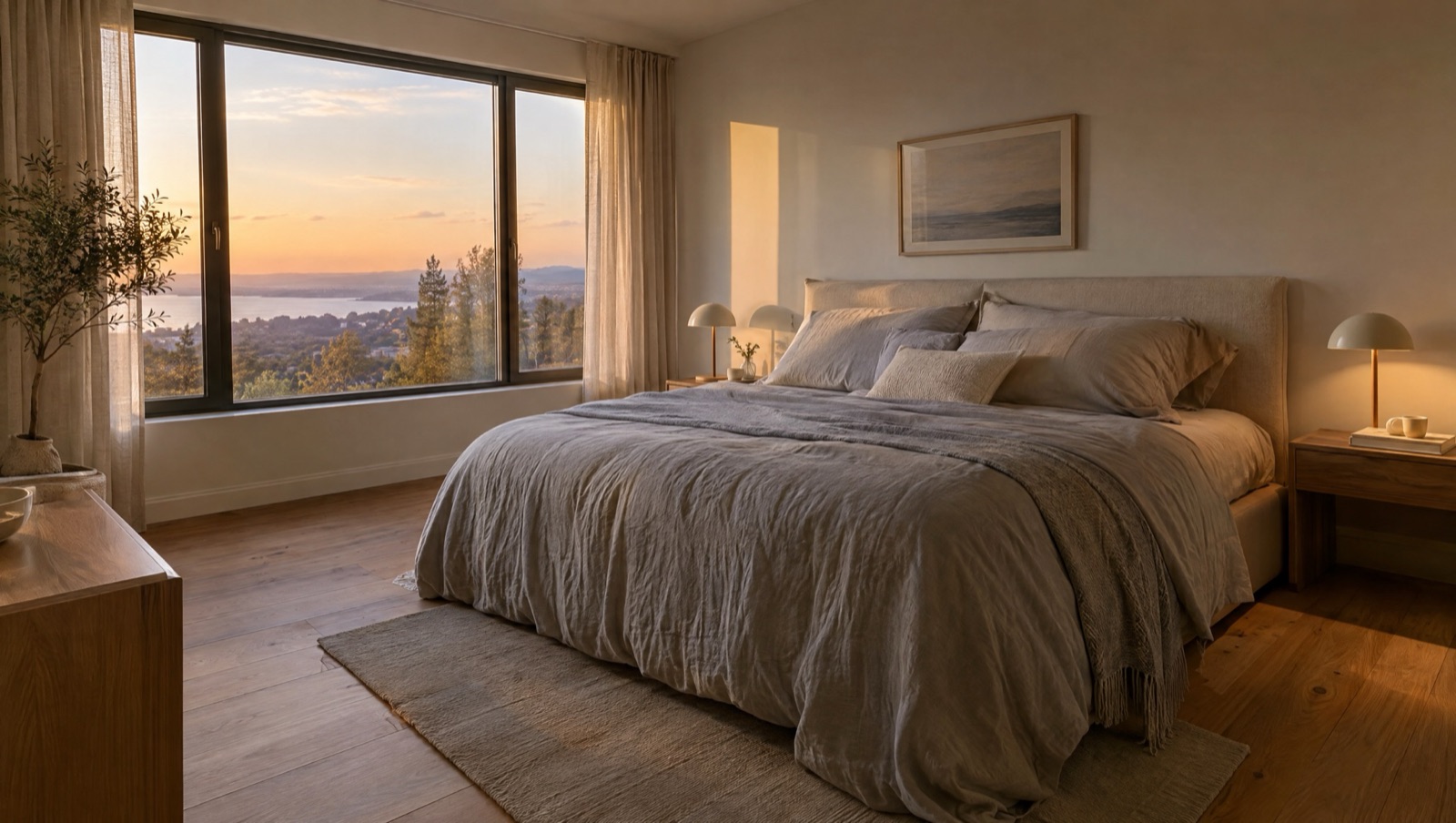 Ruhiges Schlafzimmer mit großem Fenster
