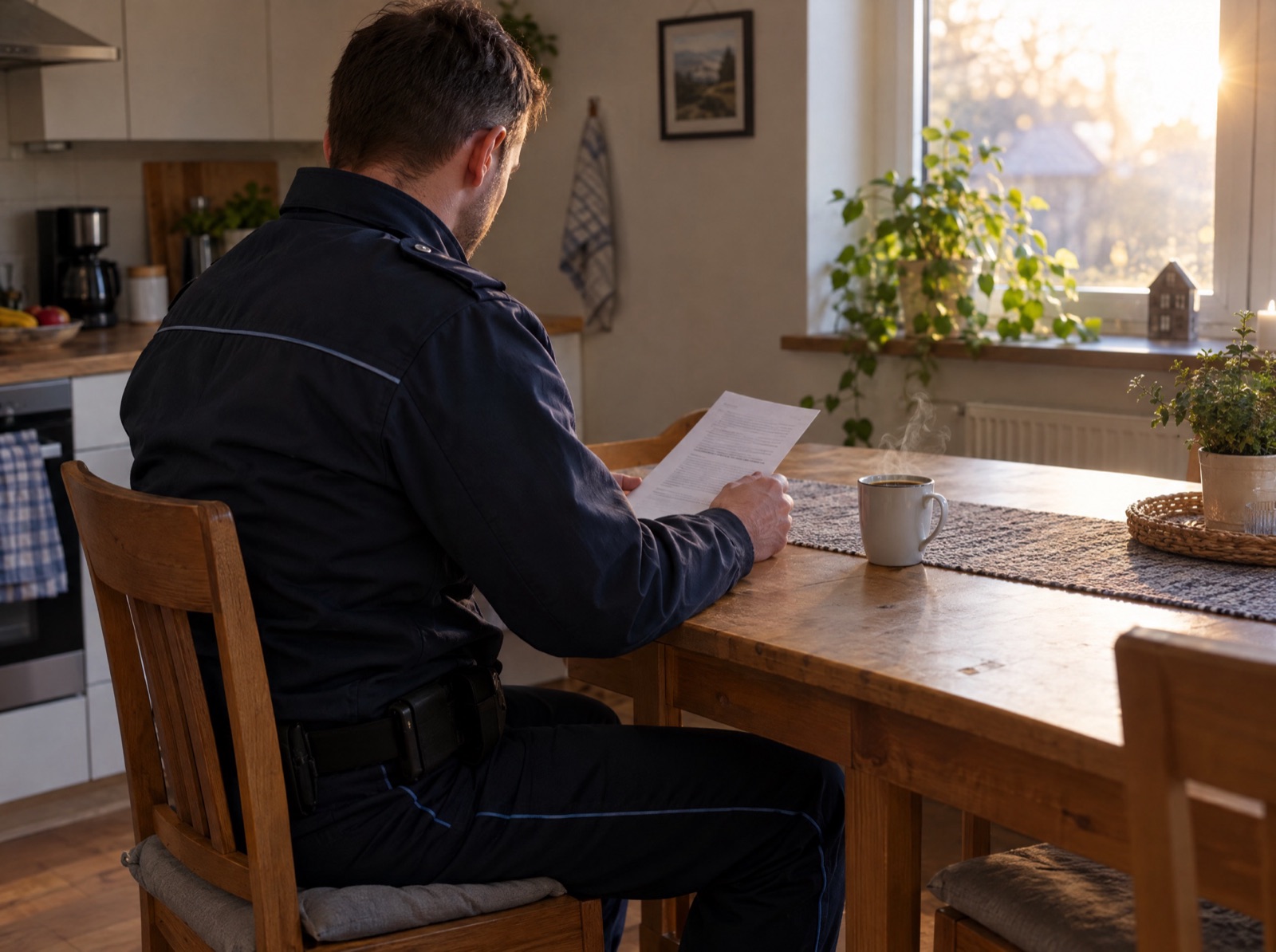 Polizist liest am Küchentisch seine Beispielrechnung