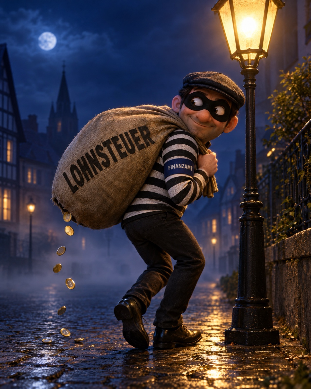 Ein Dieb schleicht nachts unter einer Straßenlaterne mit einem Sack Lohnsteuer davon